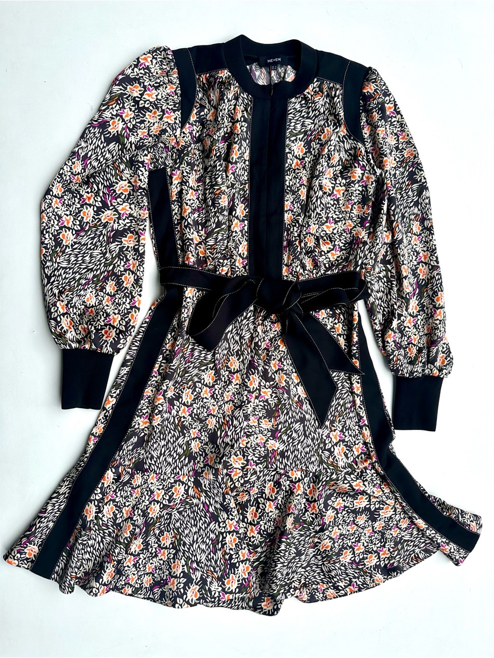 Like New ME+EM Black Trimmed Floral Puff Long-Sleeve Belted Flared Dress, 6